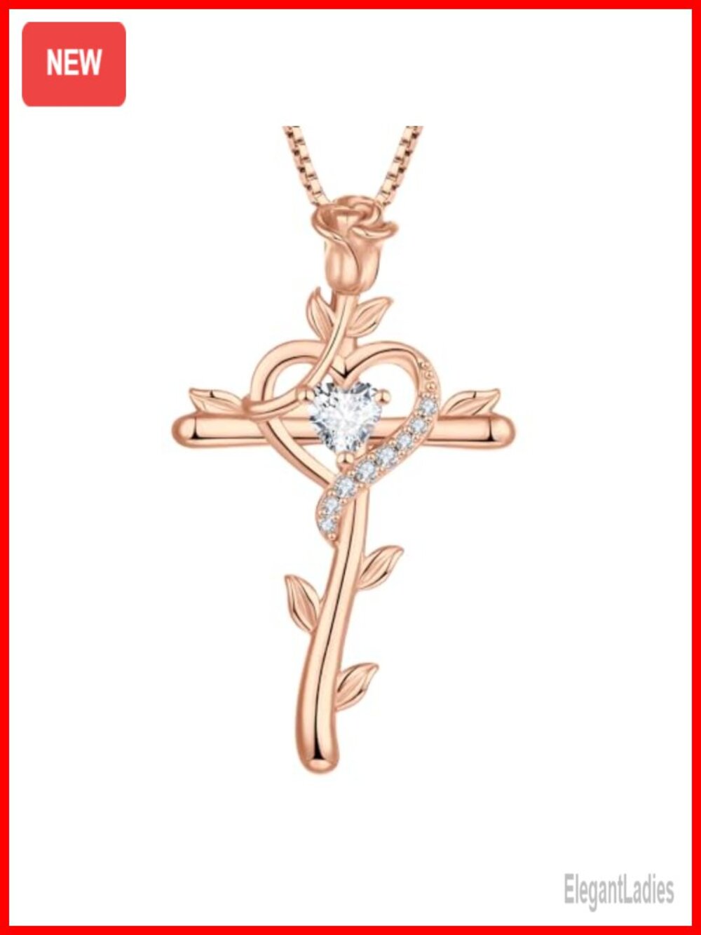 925 Sterling Silver Rose Cross Heart Necklace with Cubic Zirconia Pendant